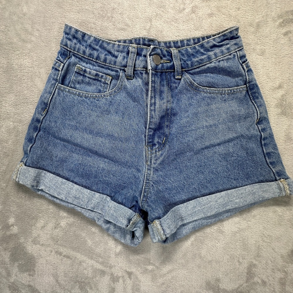 Shein Rolled Hem Denim Shorts Womens XS Blue Cotton Faded Medium Wash High Rise